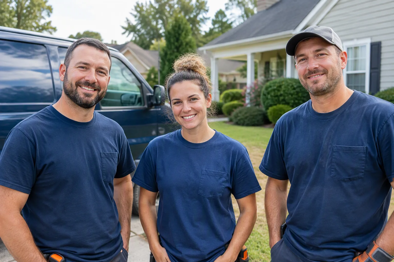 A small team of home buying / house flipping technicians in plain navy work shirts standing together outside a well-kept suburban home, relaxed and not posed, one navy service van visible just behind them